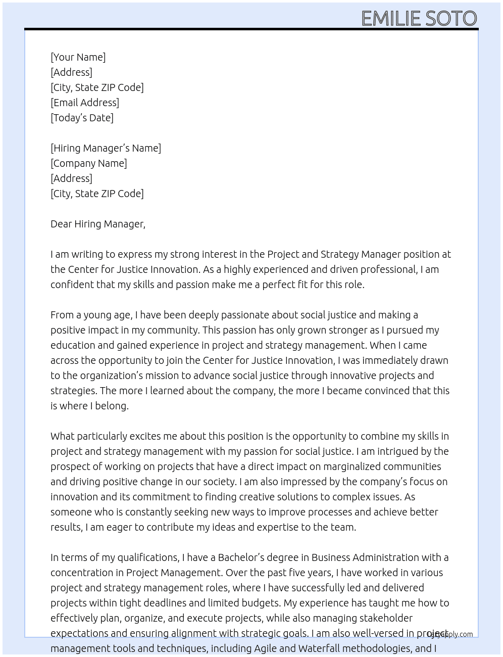 Project and Strategy Manager At Center for Justice innovation  Cover Letter