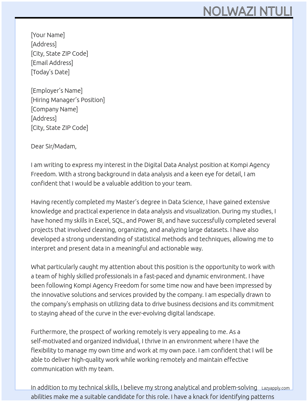 Digital data analyst At Kompi Agency Freedom Cover Letter