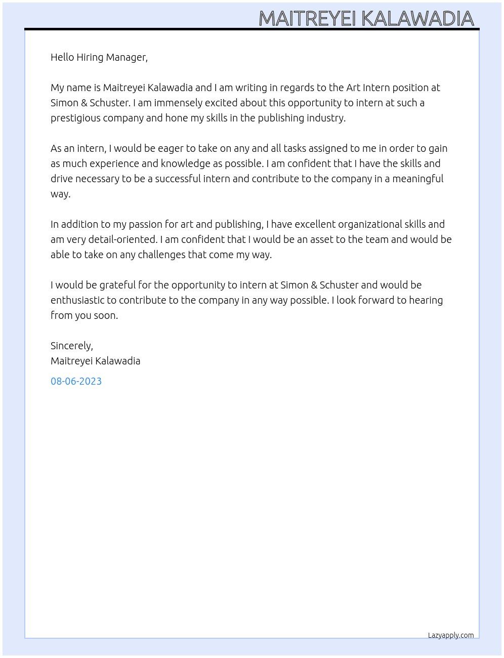 Art intern At Simon & Schuster Cover Letter