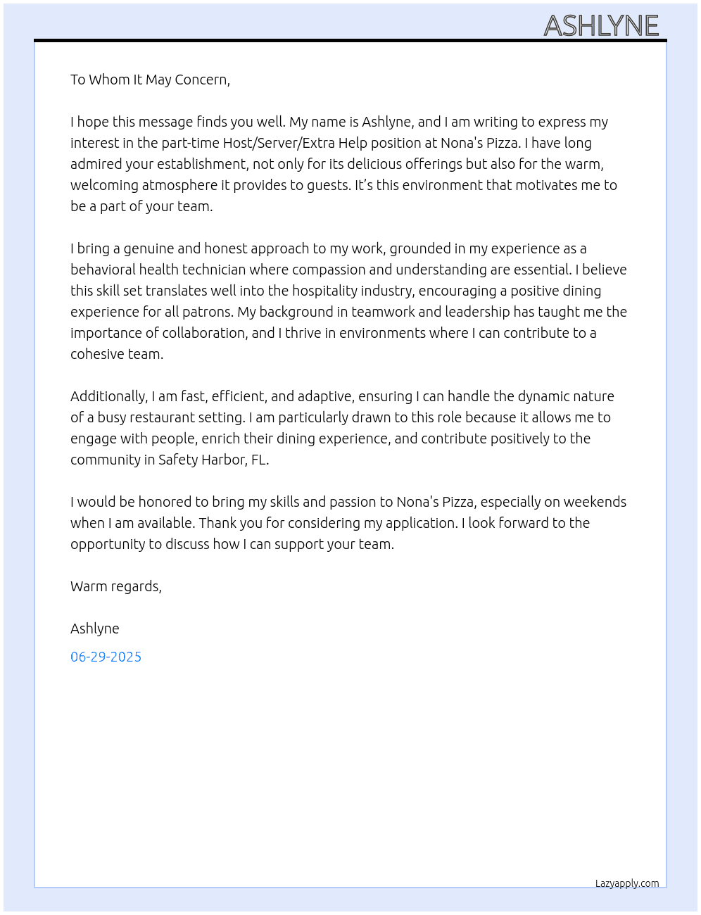 Host/server/extra help At Nonas Pizza Cover Letter