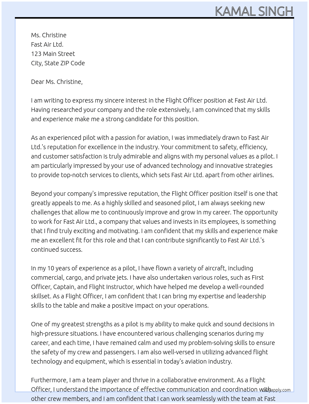 Flight Officer At Fast Air Ltd. Cover Letter