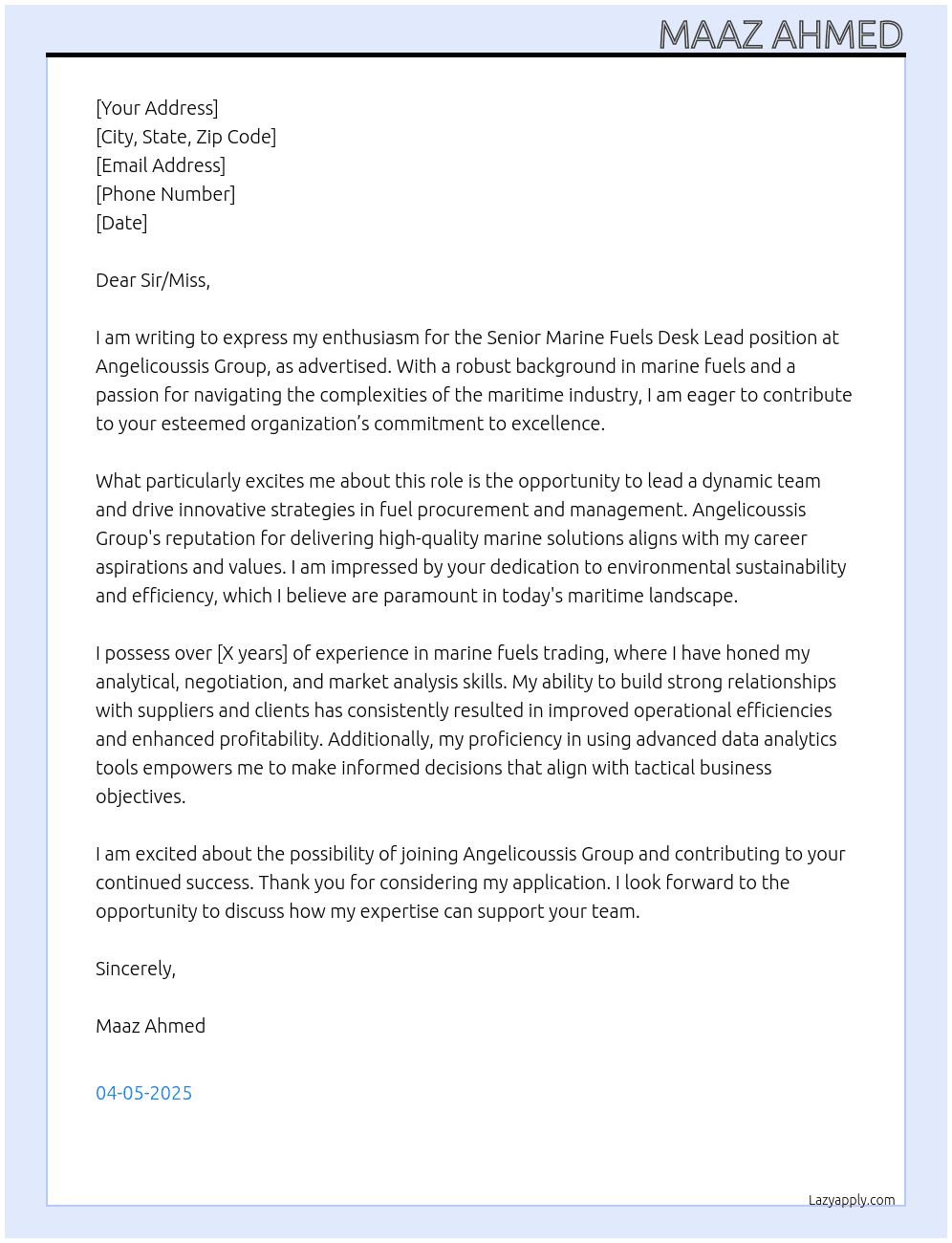 Senior Marine Fuels Desk Lead At ANGELICOUSSIS GROUP Cover Letter