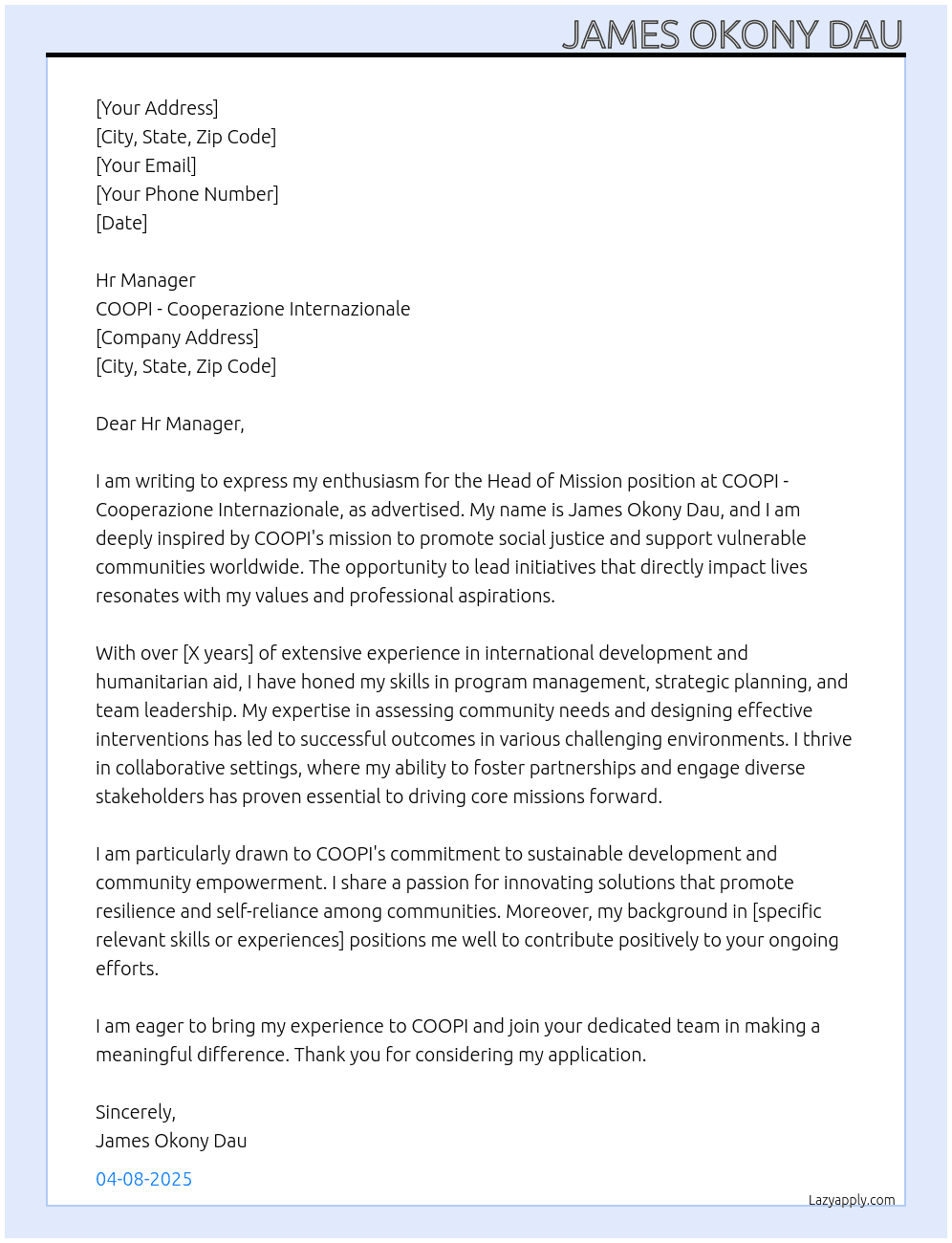Head of Mission At COOPI - Cooperazione Internazionale Cover Letter