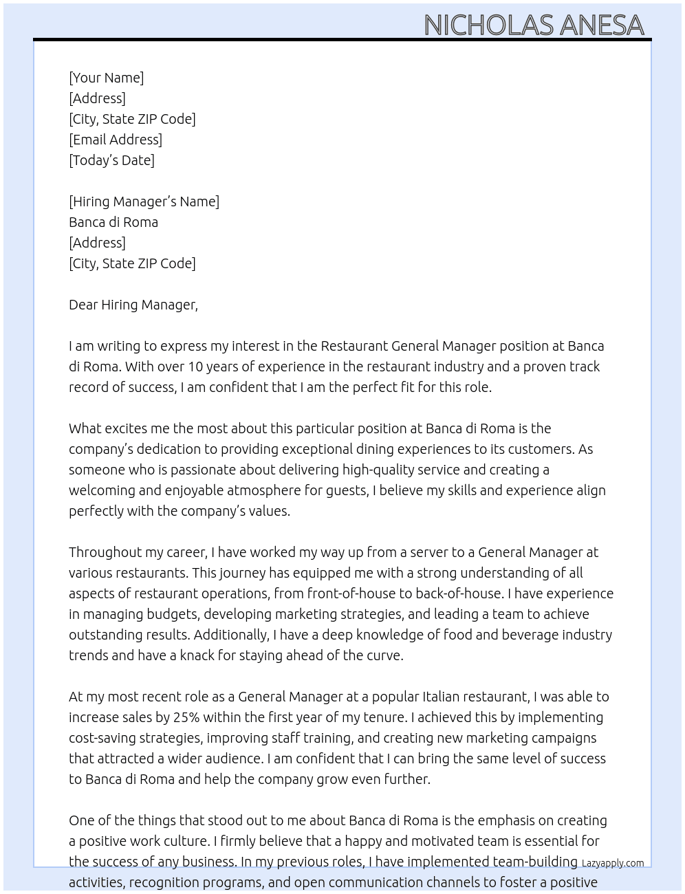 Restaurant General manager  At Banca di Roma  Cover Letter