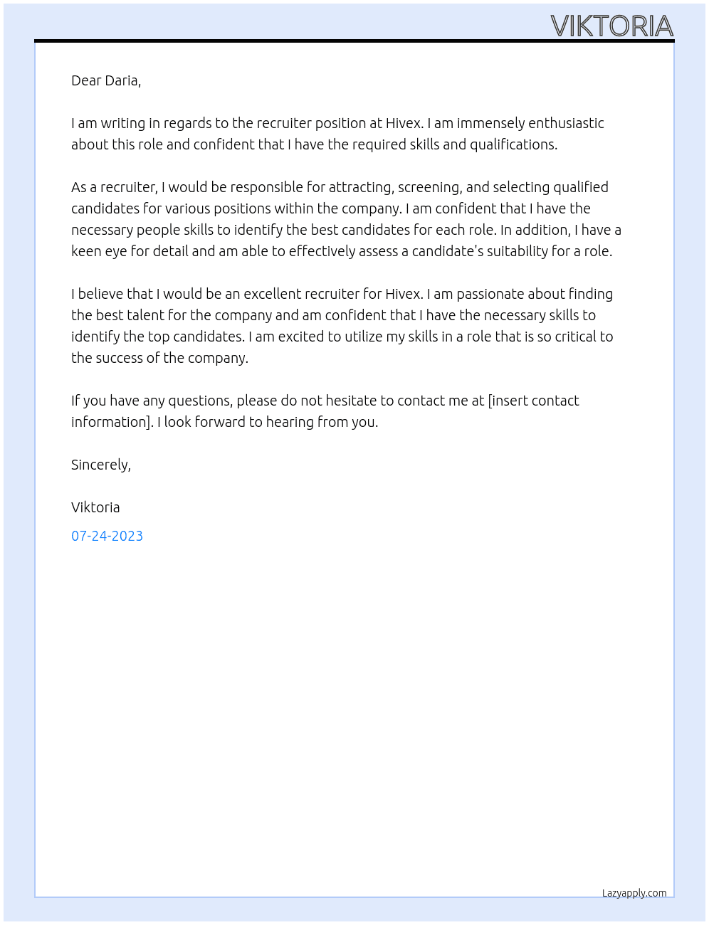 Recruiter At Hivex Cover Letter