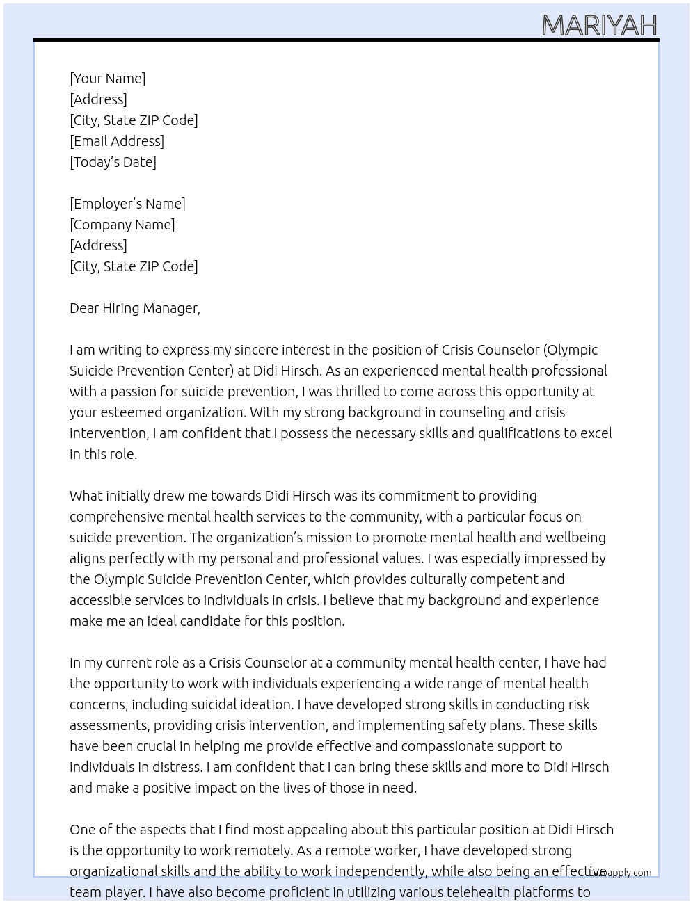 988 Crisis Counselor (Olympic Suicide Prevention Center) At Didi Hirsch Cover Letter