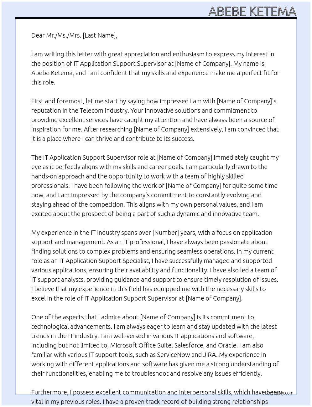 IT Application Support Supervisor At Telecom Industry Cover Letter