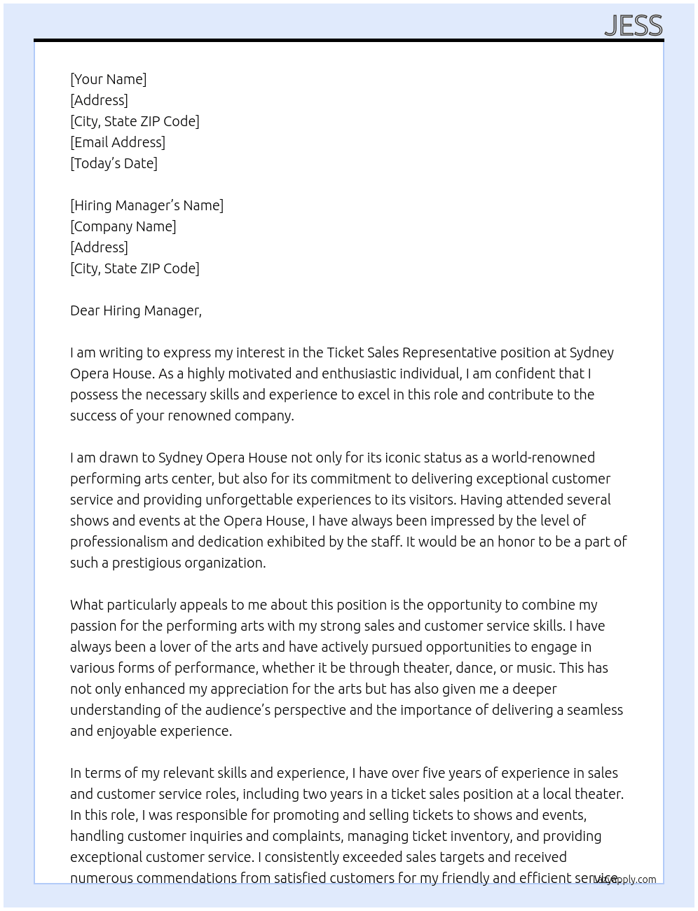 Ticket Sales Representative  At Sydney Opera House Cover Letter