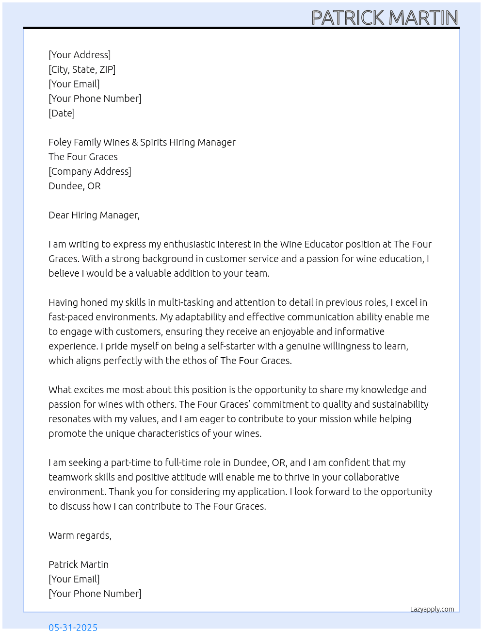 Wine Educator At The Four Graces Cover Letter