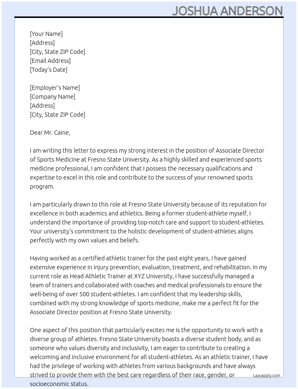 Associate Director of Sports Medicine At Fresno State University Cover Letter