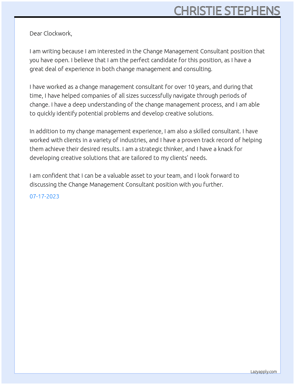 Change Management Consultant At Change Management Consultant  Cover Letter