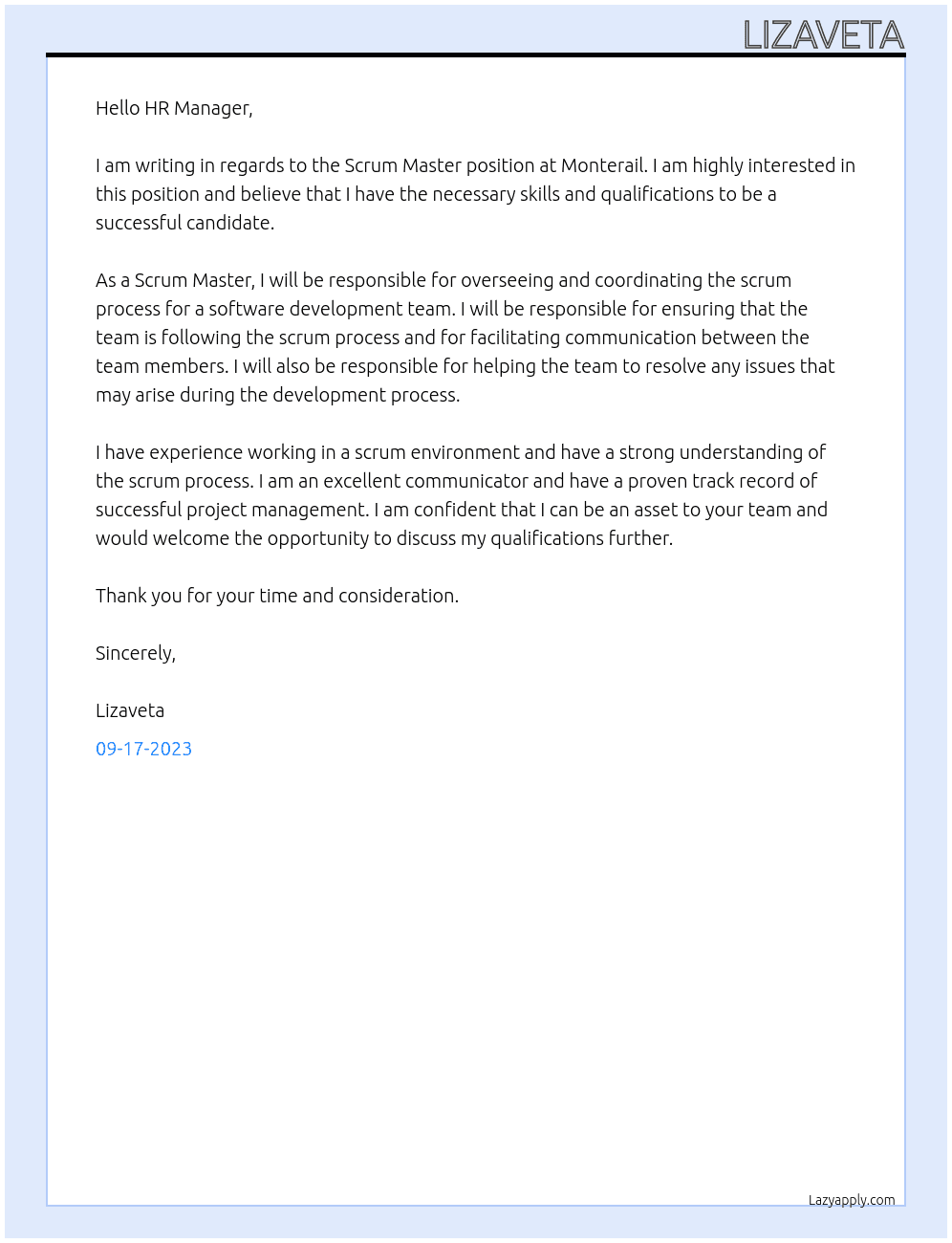 Scrum Master At Monterail Cover Letter