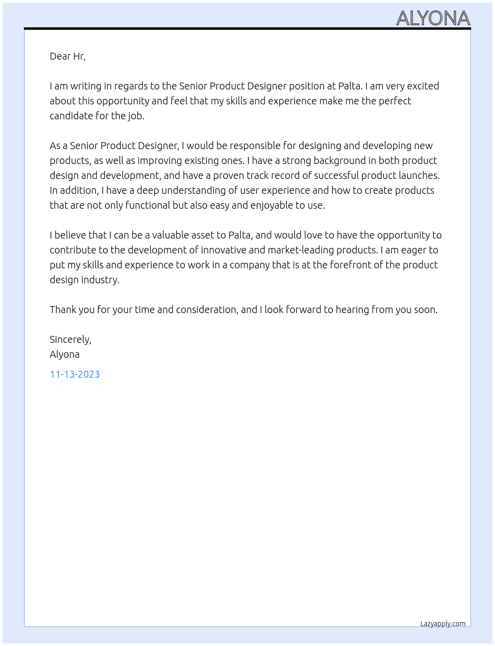 Senior Product Designer At Palta Cover Letter