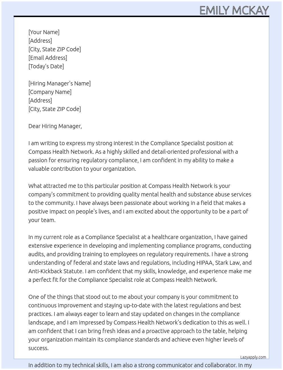 Compliance Specialist At Compass Health Network Cover Letter