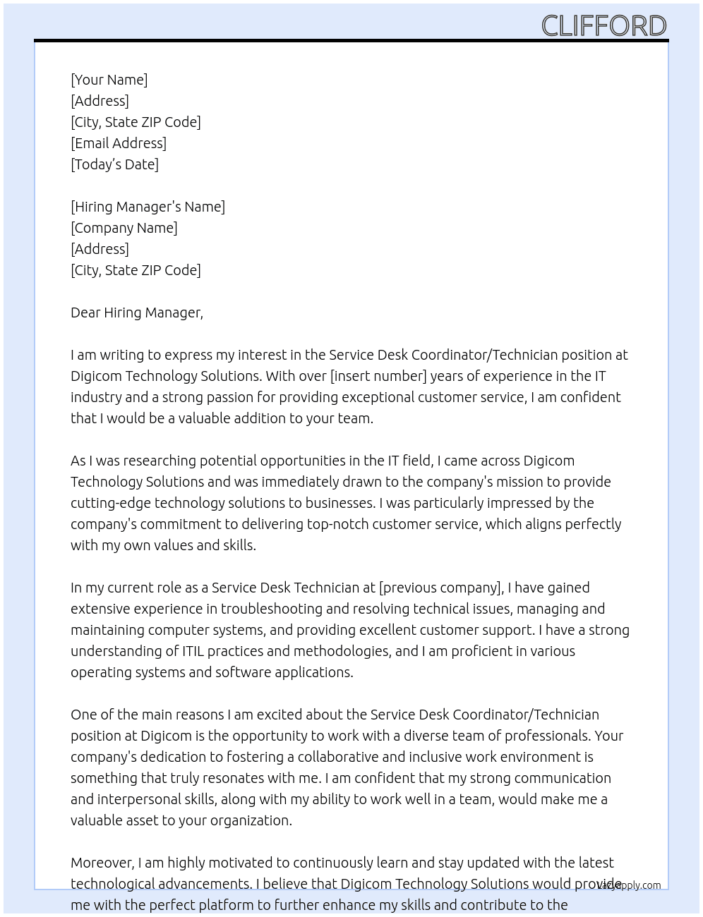Service Desk Coordinator/Technician At Digicom Technology Solutions Cover Letter