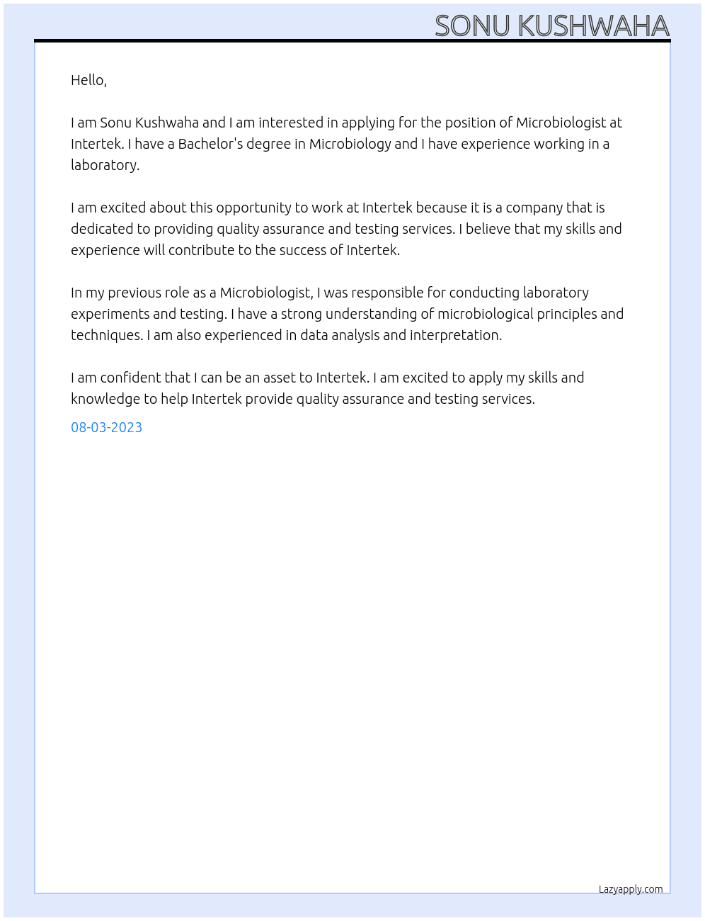 Microbiologist At Intertek Cover Letter