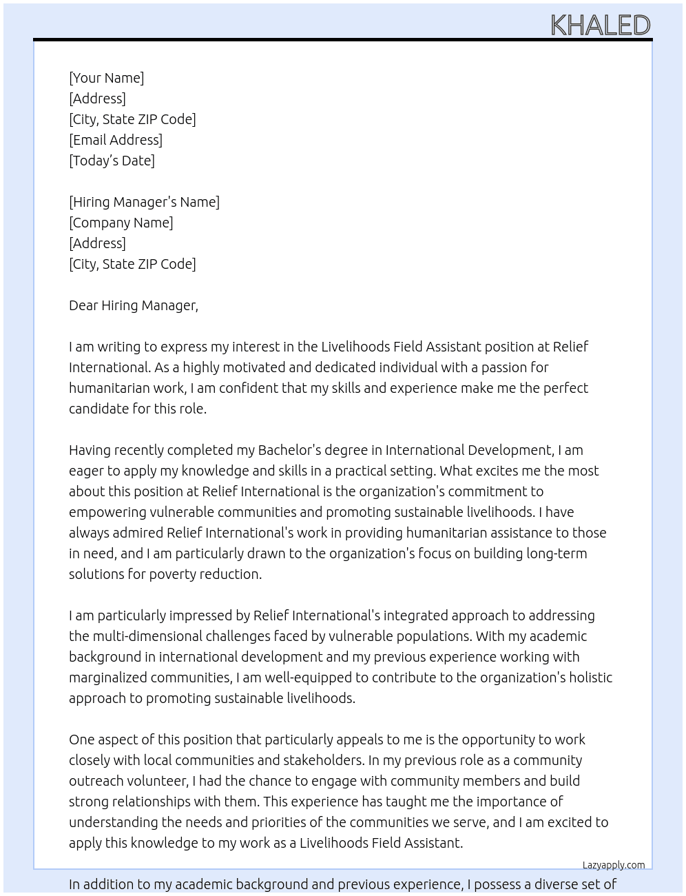 Livelihoods Field Assistant At Relief International Cover Letter