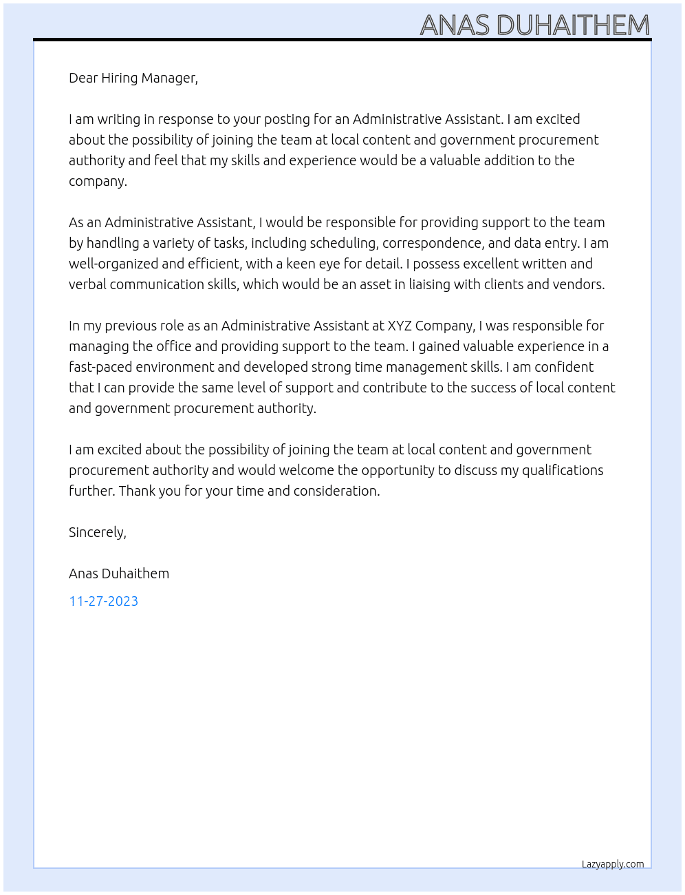 Administrative Assistant At local content and government procurement authority Cover Letter