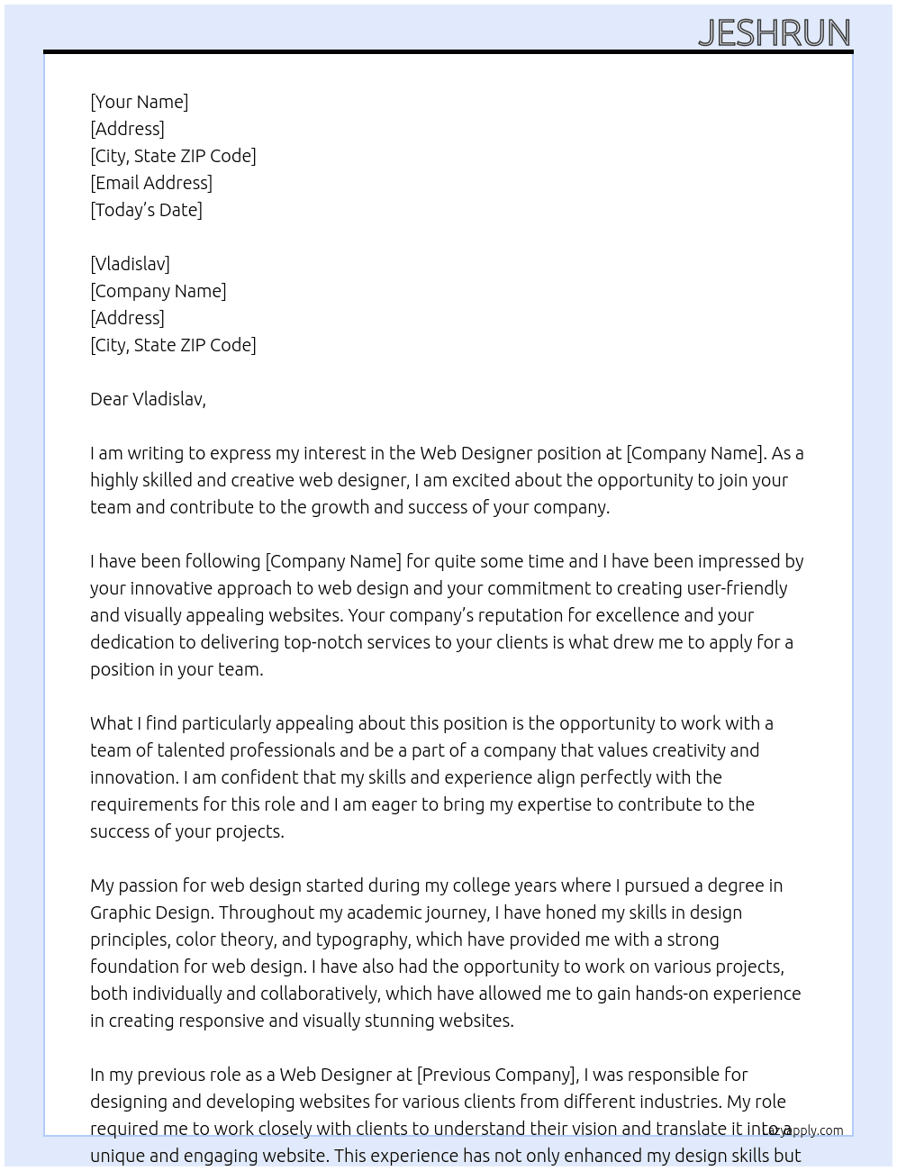 Web designer At Vladislav Cover Letter