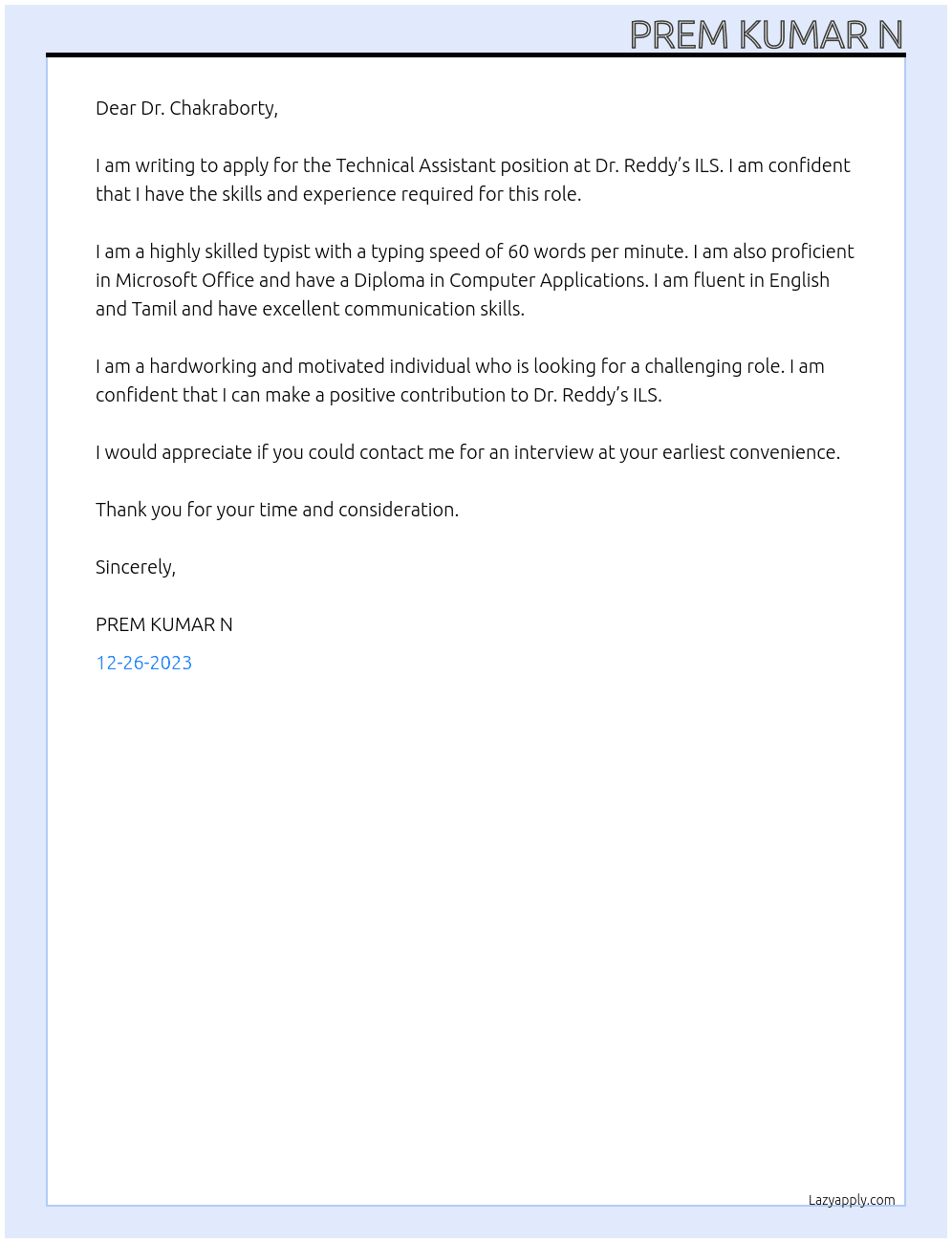 Technical Assistant Opening at Dr. Reddy’s ILS  At Dr. Reddy’s ILS  Cover Letter