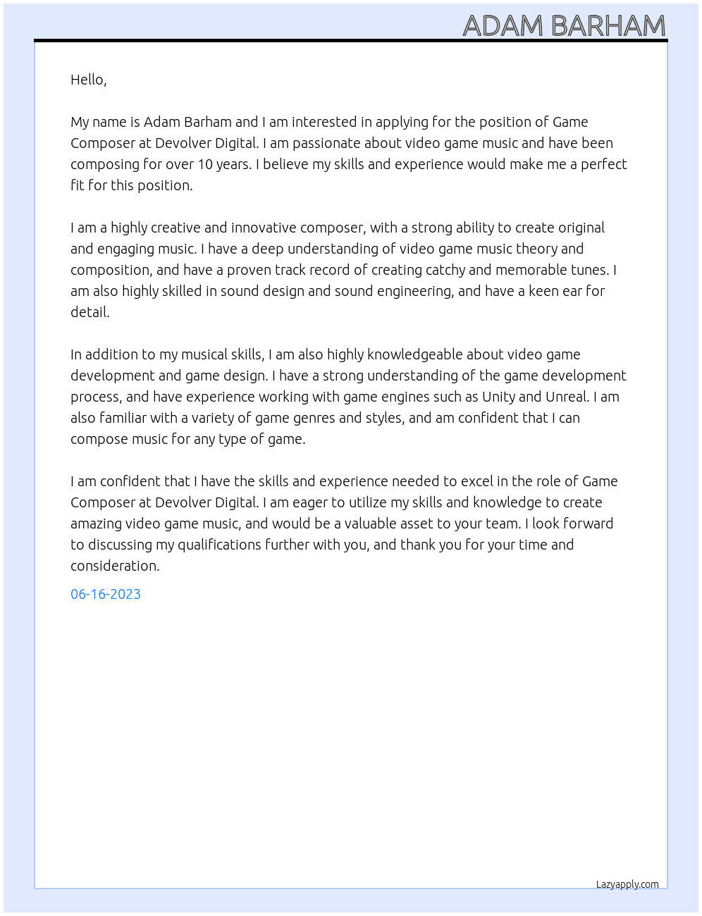 Game Composer At Devolver Digital Cover Letter