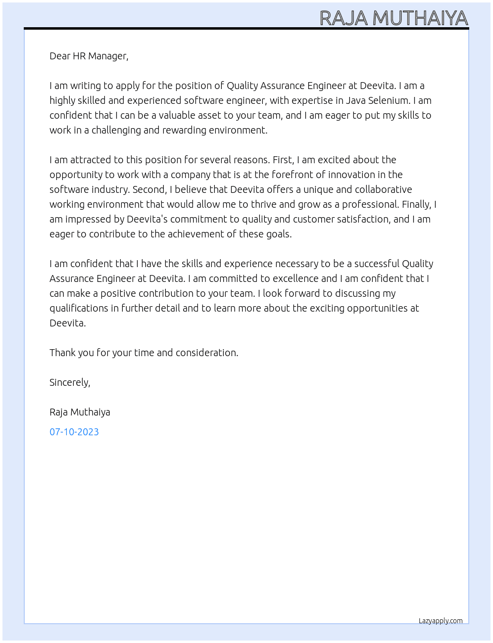 Quality Assurance Engineer At Deevita Cover Letter