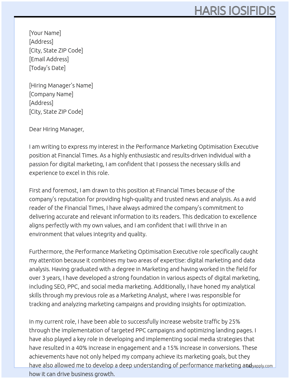 Performance Marketing Optimisation Executive At Financial Times Cover Letter