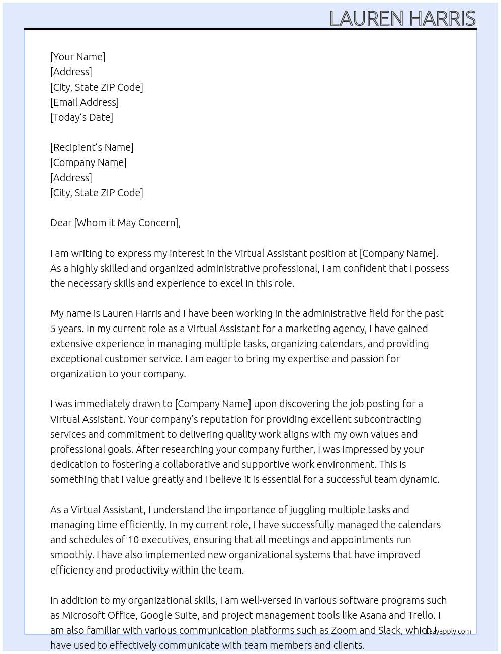 Virtual Assistant  At Subcontracting Cover Letter