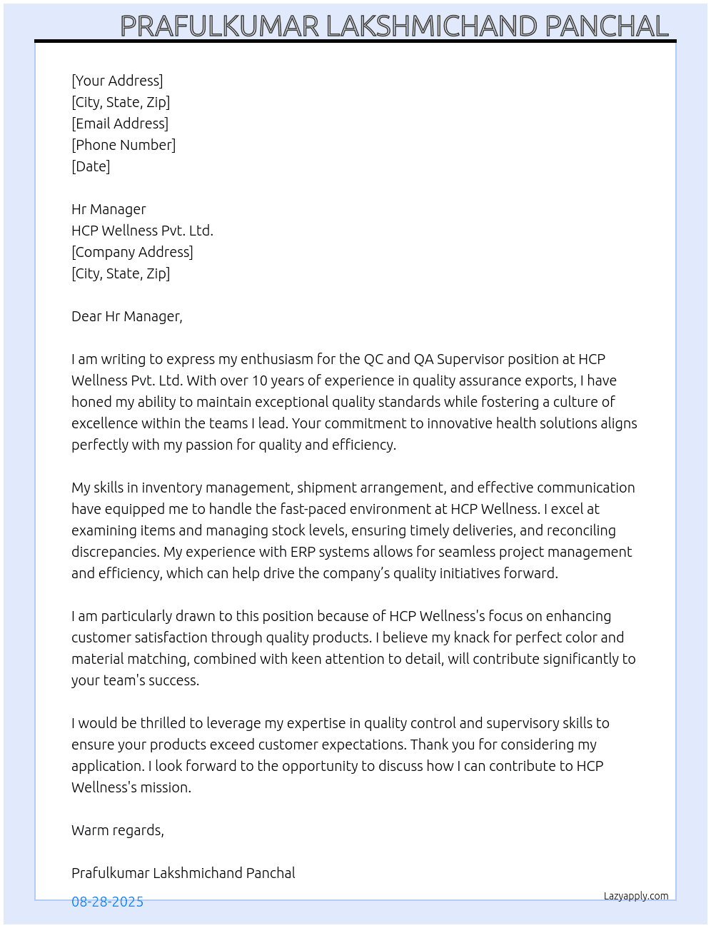 QC and QA Supervisor  At HCP Wellness Pvt. Ltd. Cover Letter
