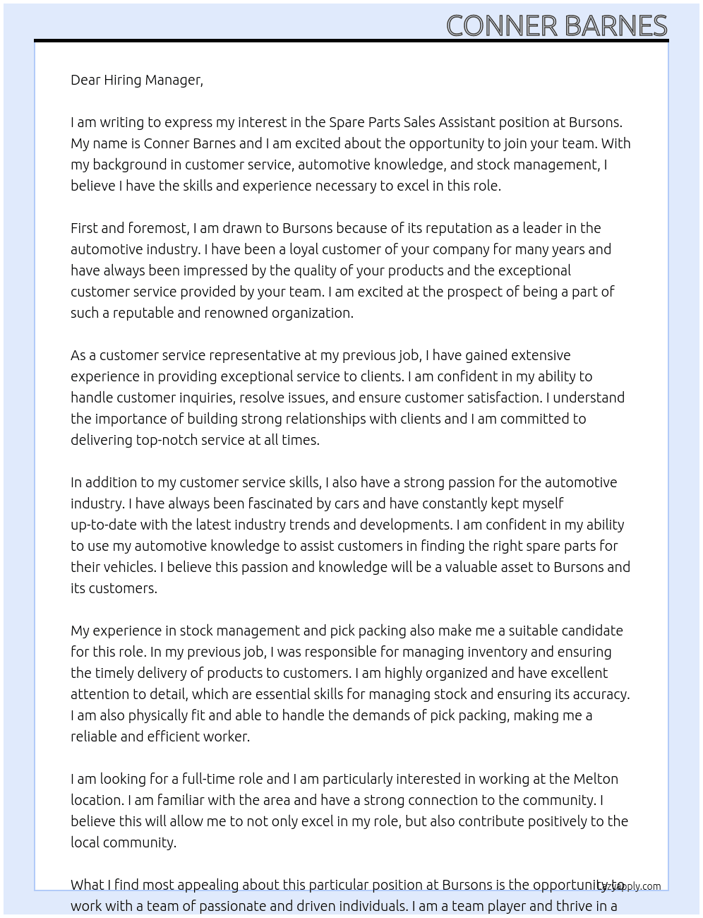 Spare Parts Sales Assistant At Bursons Cover Letter
