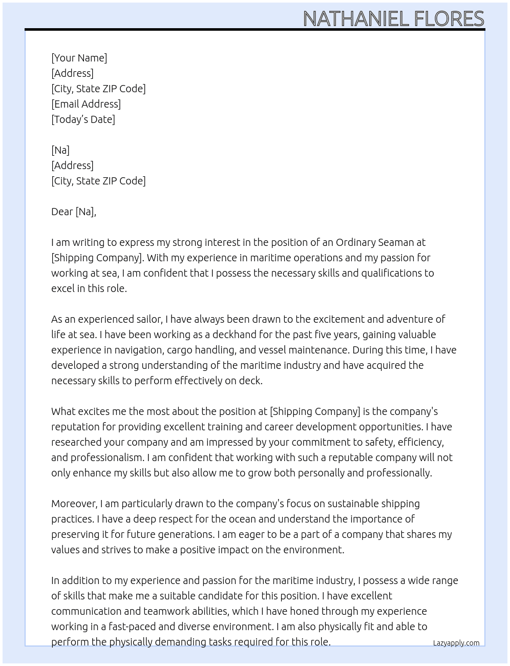 Ordinary seaman At Shipping company Cover Letter