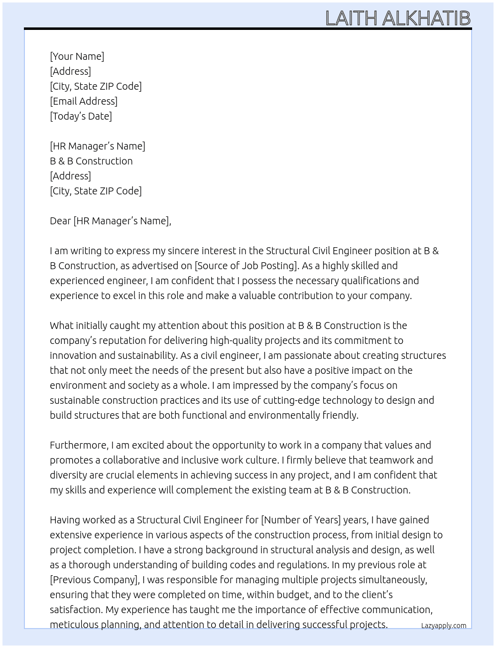 Structural Civil Engineer At B & B Construction Cover Letter