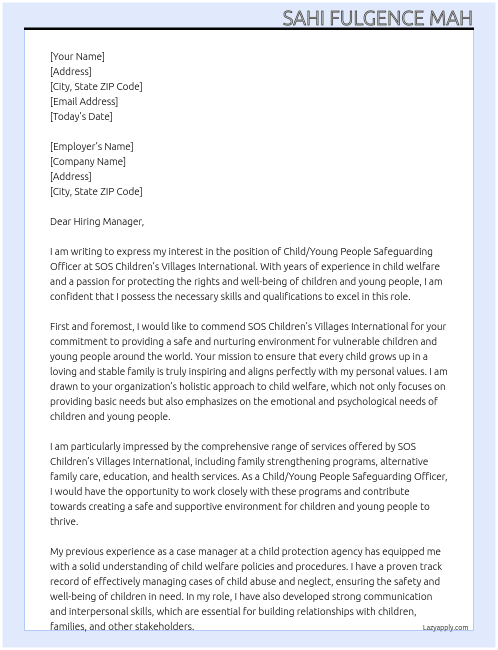 CHILD/YOUNG PEOPLE SAFEGUARDING OFFICER At SOS CHILDREN'S VILLAGES INTERNATIONAL Cover Letter