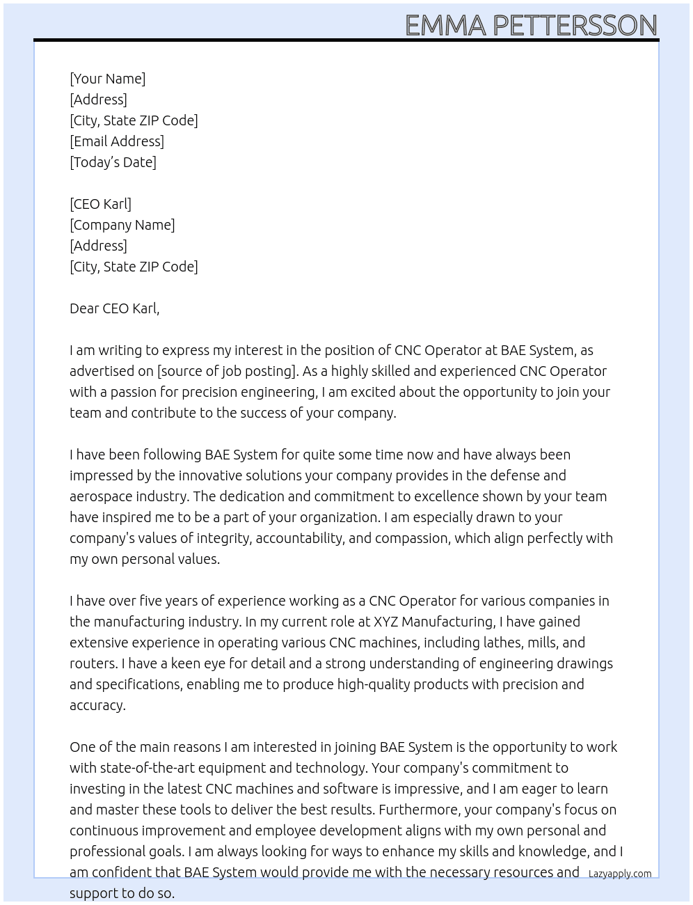 CNC Operator At BAE System Cover Letter
