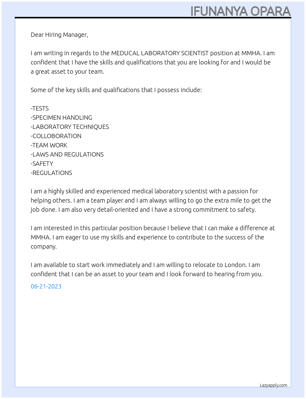 MEDUCAL LABORATORY SCIENTIST At MMHA Cover Letter