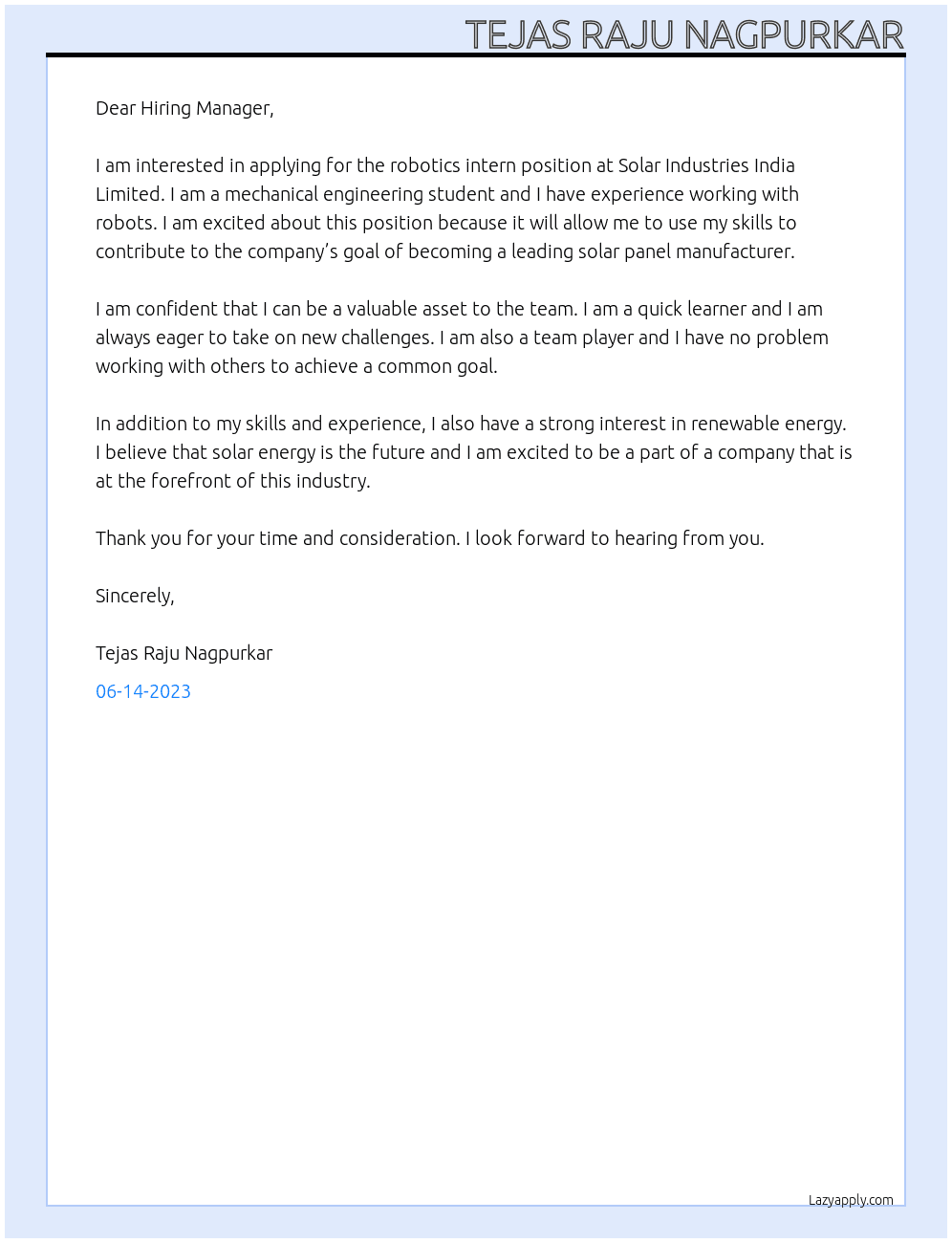 Robotics intern At Solar Industries india limited Cover Letter