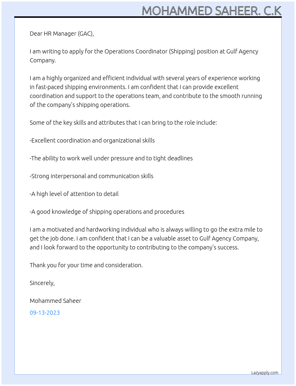 Operations Coordinator ( Shipping) At Gulf Agency Company Cover Letter