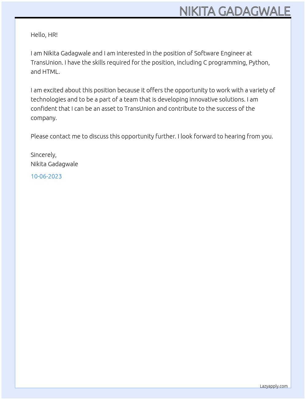 Software Engineer  At TransUnion Cover Letter