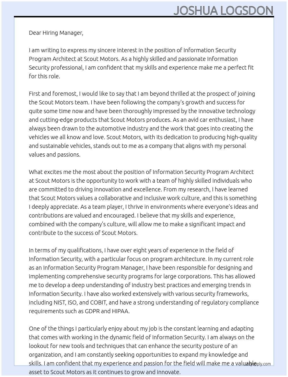 Information Security Program Architect At Scout Motors Cover Letter