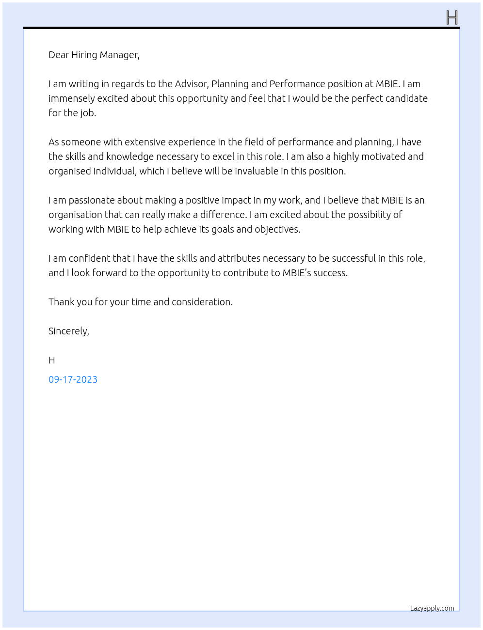 Advisor, Planning and Performance At MBIE Cover Letter