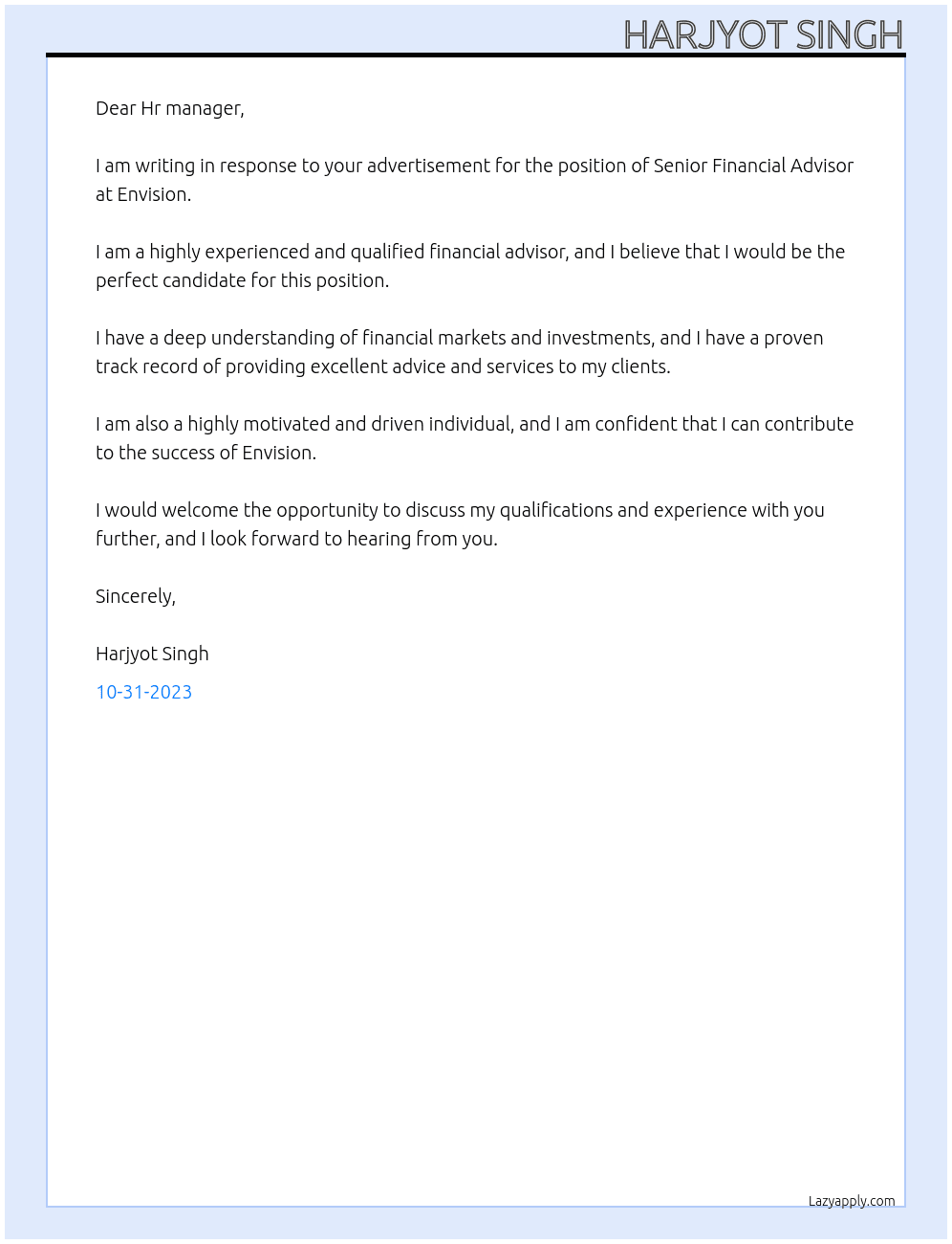 Senior Financial Advisor At Envision  Cover Letter