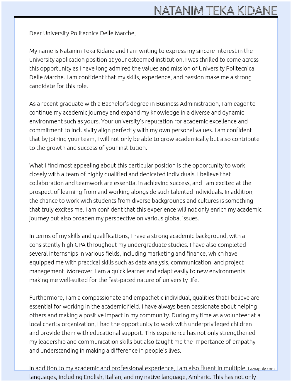 university application At university politecnica delle marche Cover Letter