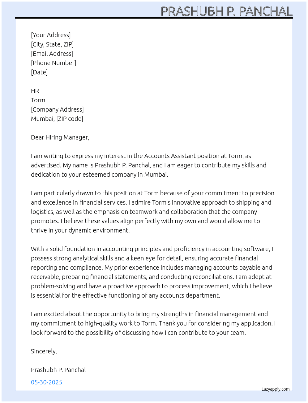 Accounts Assistant  At Torm Cover Letter