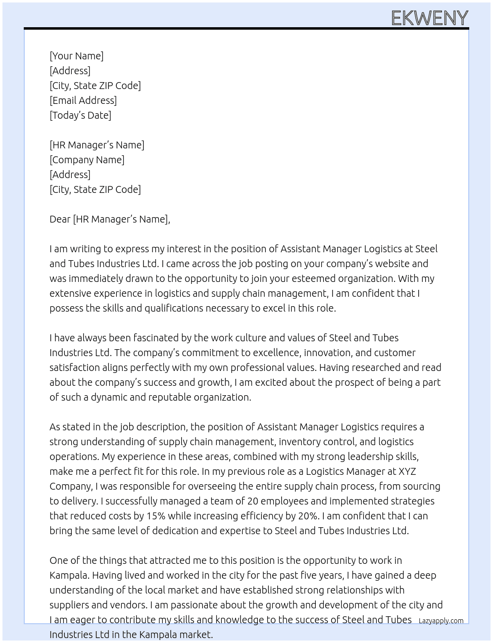 Assistant manager logistics At Steel and tubes industries ltd Cover Letter