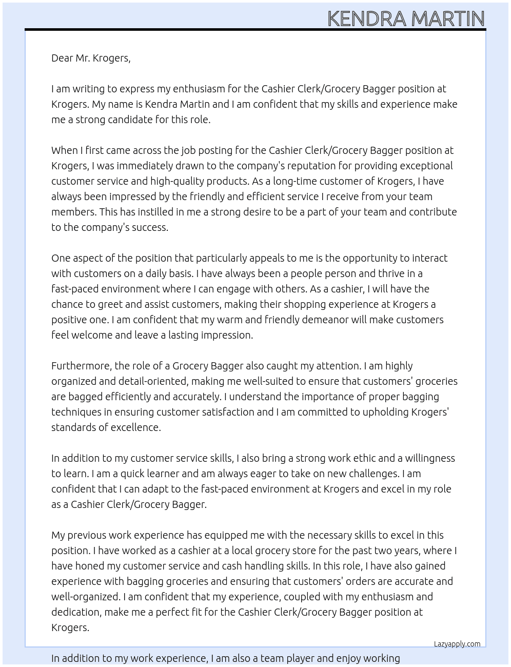 Cashier Clerk/Grocery Bagger At Krogers Cover Letter