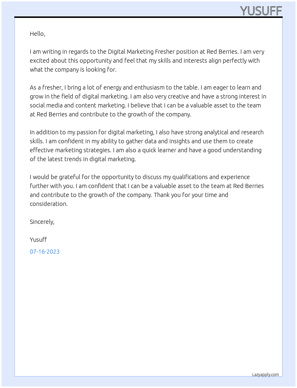 Digital Marketing Fresher At Red Berries Cover Letter
