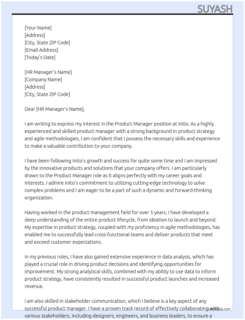 Product manager At Inito Cover Letter