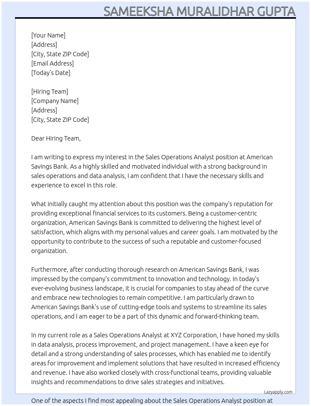 Sales Operations Analyst At American Savings Bank Cover Letter