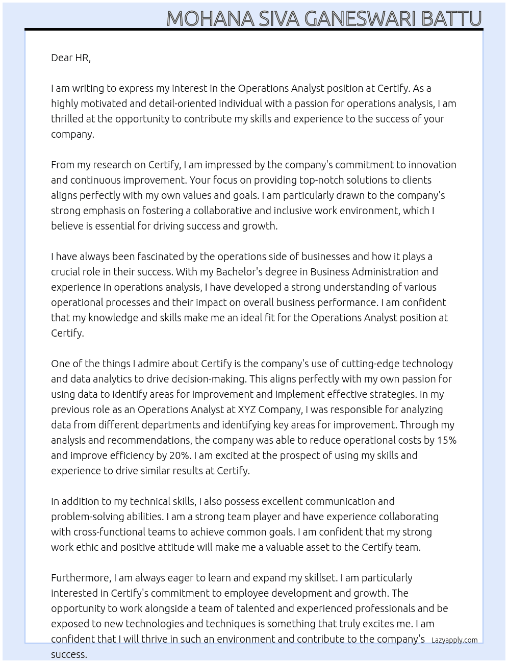 Operations Analyst  At certify  Cover Letter