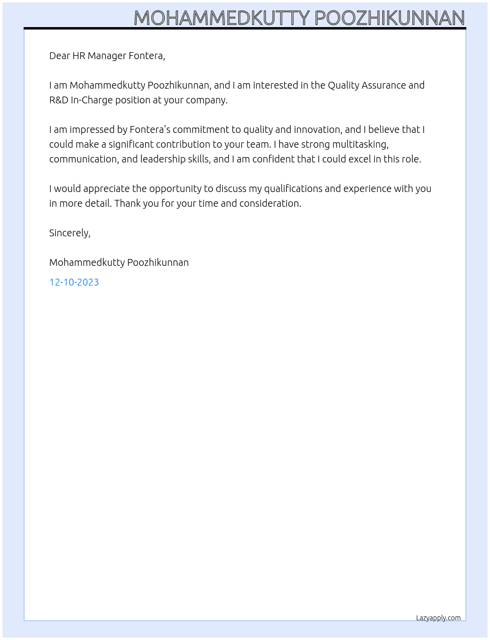 Quality Assurance and R&D In-Charge At Fontera Cover Letter